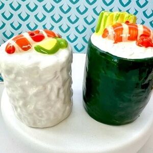 Sushi Roll Ceramic Salt and Pepper Shakers - Green and White